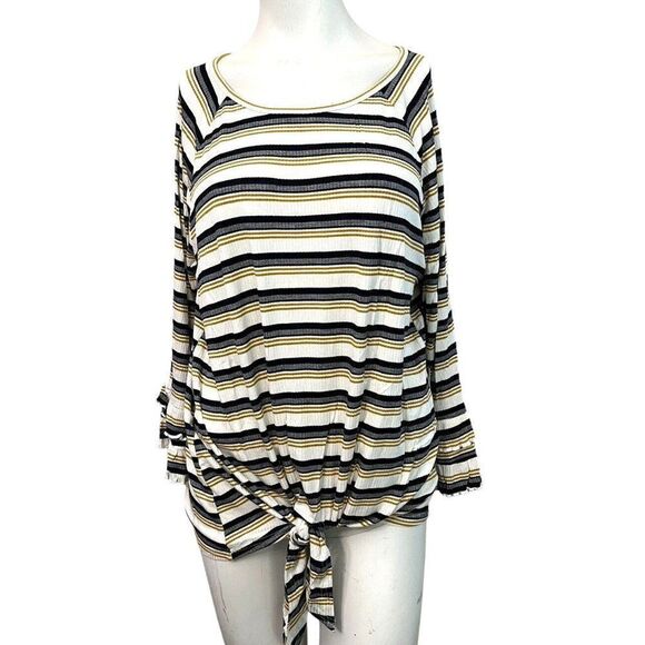 Large Long Sleeve Knit Striped Sweater Tunic Ruffled Sleeves Ties in Front NWT - Picture 1 of 6